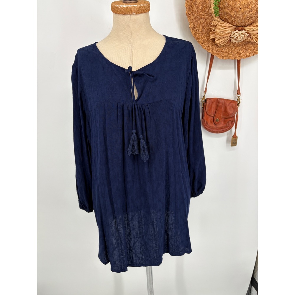New Stitch Fix Skies are Blue Padenia Tassel Detail Split Neck Top 2X Navy Blous